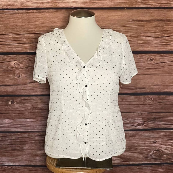 cupcakes & cashmere Tops - Blouse L Cupcake and Cashmere Short Sleeve White Black Polka Dots Workwear